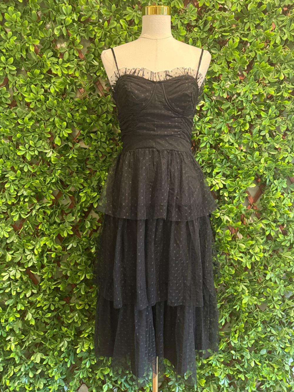 NWT- Sweetheart Style Black Polka Dot Bustier Midi Dress - Picture 4 of 16